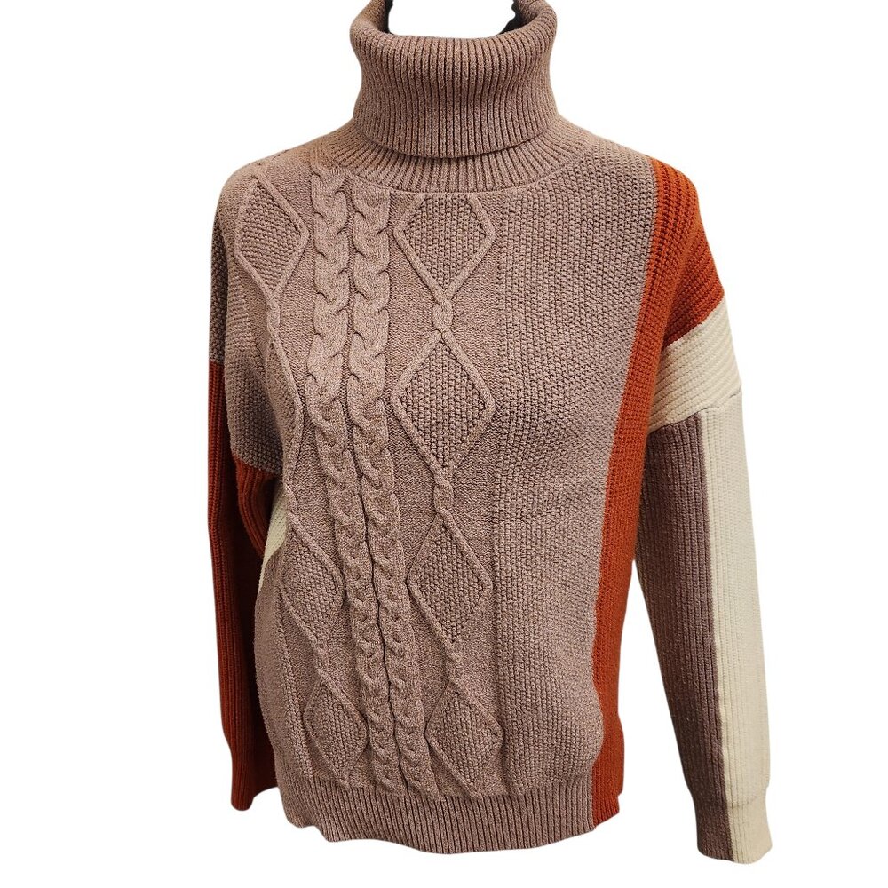 Colorblock High/Low Turtleneck Sweater Size M